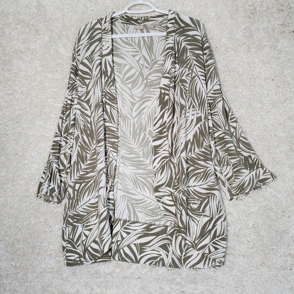Chicos Travelers Women Leaf Cardigan Size 3 US 16 18 White Green Slinky Stretchy - Picture 1 of 12